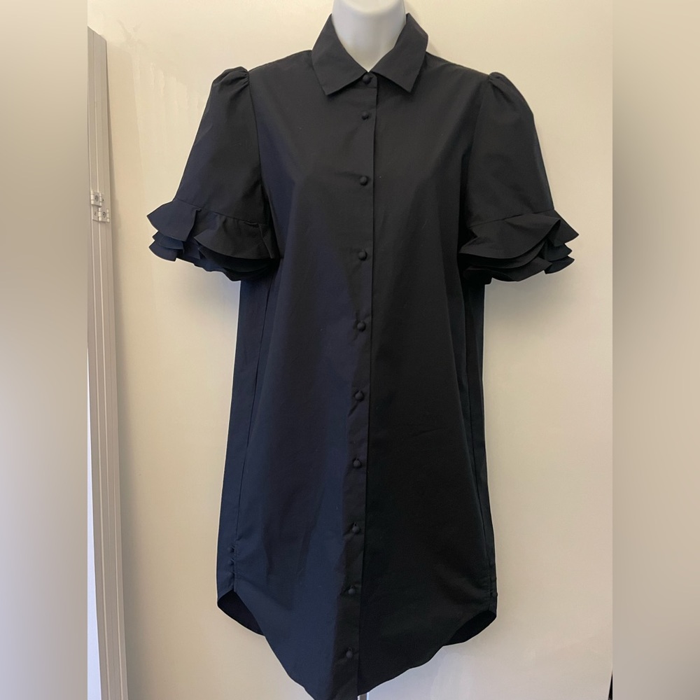 New black cotton Frame Denim ruffle sleeve shirt dress Small